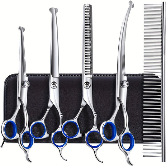 Stainless Steel Pet Grooming Scissor Set 6pcs, Professional Thinning Shears and Straight Cutters for Dogs Cats, Universal Hand Orientation, Complete Animal Hair Trimming Kit