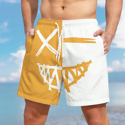 Men's Color Matching Smiling Face Graphic Print Shorts With Pockets, Casual Drawstring Shorts For Beach Summer Holiday Swimming Surfing