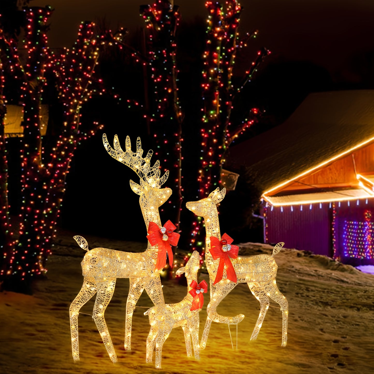 3pcs Decoration Elk Lighted Christmas Reindeer Set Outdoor Yard Decoration LED Lights, Stakes - Golden