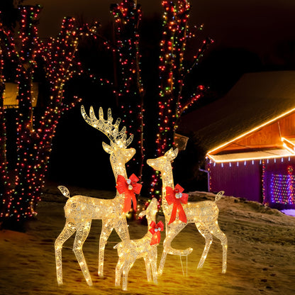 3pcs Decoration Elk Lighted Christmas Reindeer Set Outdoor Yard Decoration LED Lights, Stakes - Golden