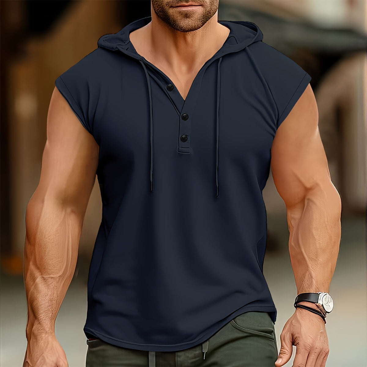 Men's Summer Sleeveless Hoodie - Breathable, Lightweight Athletic Tank Top with Button Detail, Casual Sportswear