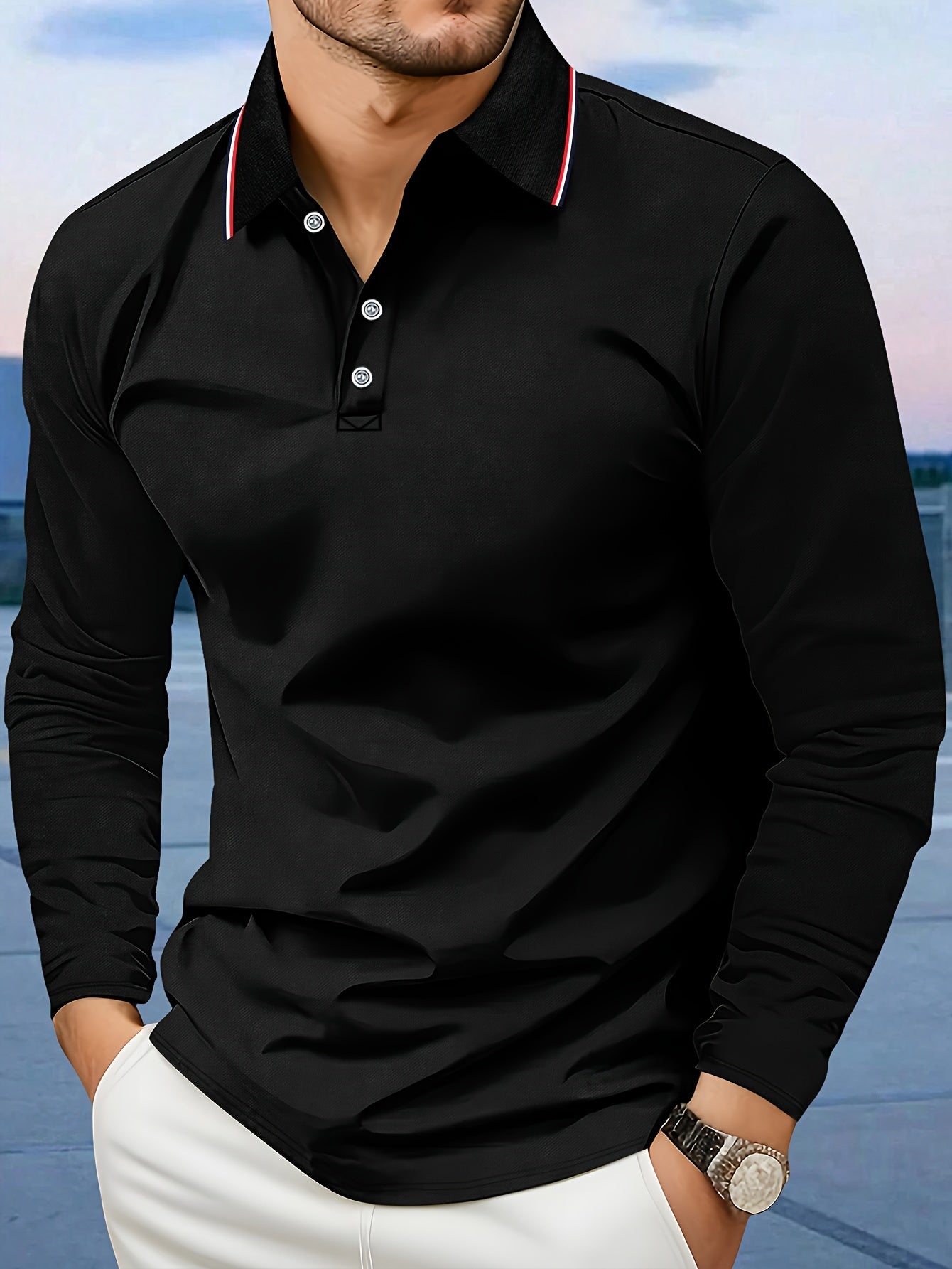 Long Sleeve Turn-Down Collar Polo Shirt for Men - Breathable Polyester Fabric, Perfect for Autumn and Winter Outdoor Activities - Comfortable and Versatile Casual Wear