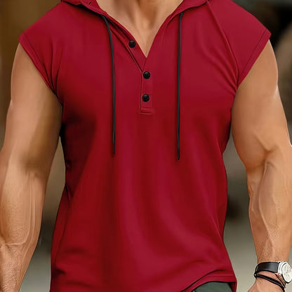 Men's Summer Sleeveless Hoodie - Breathable, Lightweight Athletic Tank Top with Button Detail, Casual Sportswear