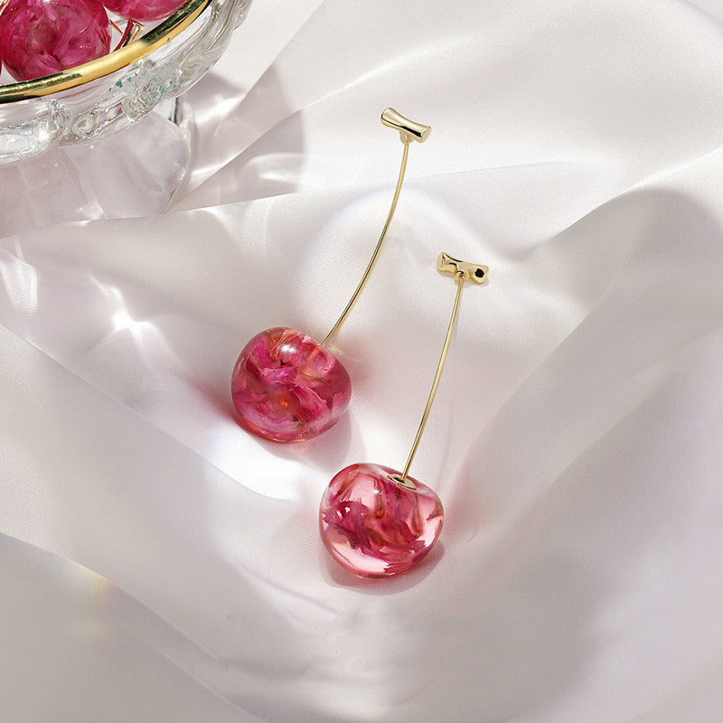 New Net Red Temperament French Dried Cherry Long Sweet And Fashionable Cherry Earrings