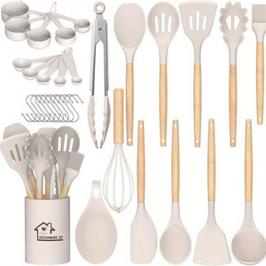 33 Pc Kitchen Utensil Set, Silicone and Easy to Clean Wooden Cooking Utensils for Nonstick Cookware, Kitchen Gadgets and Spatula Set