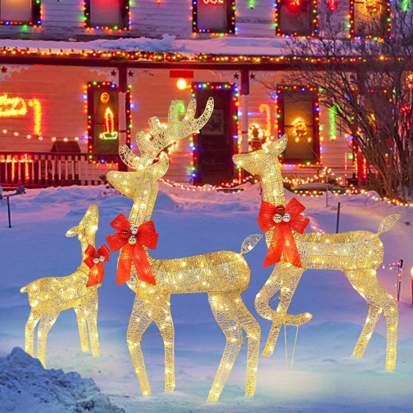 3pcs Decoration Elk Lighted Christmas Reindeer Set Outdoor Yard Decoration LED Lights, Stakes - Golden