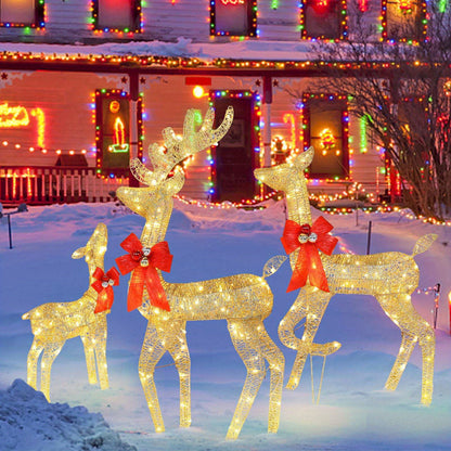 3pcs Decoration Elk Lighted Christmas Reindeer Set Outdoor Yard Decoration LED Lights, Stakes - Golden