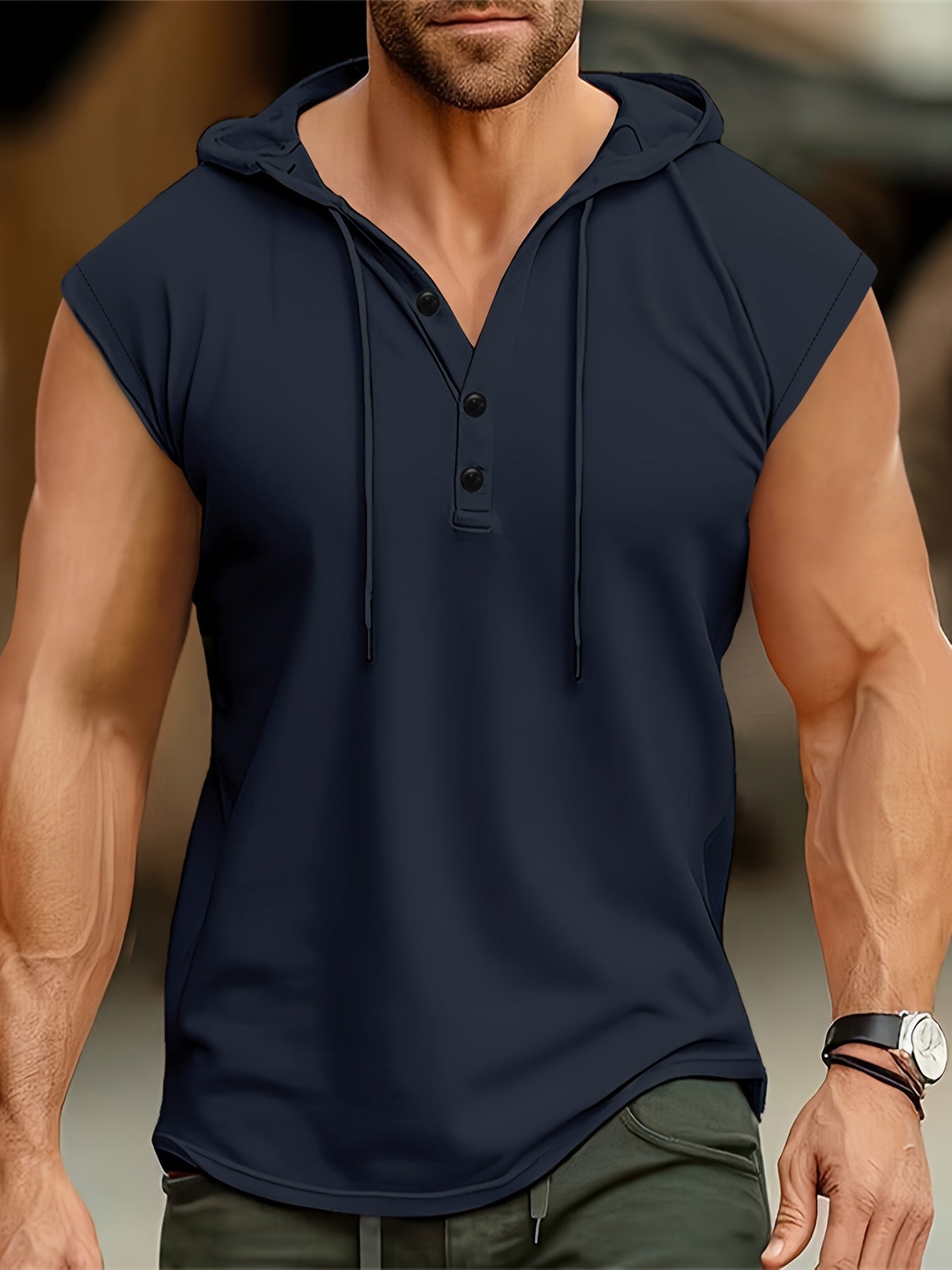 Men's Summer Sleeveless Hoodie - Breathable, Lightweight Athletic Tank Top with Button Detail, Casual Sportswear