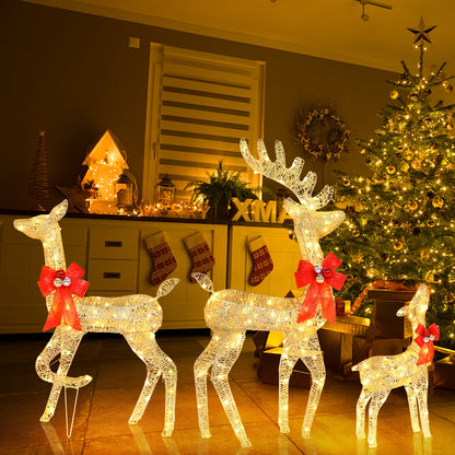 3pcs Decoration Elk Lighted Christmas Reindeer Set Outdoor Yard Decoration LED Lights, Stakes - Golden