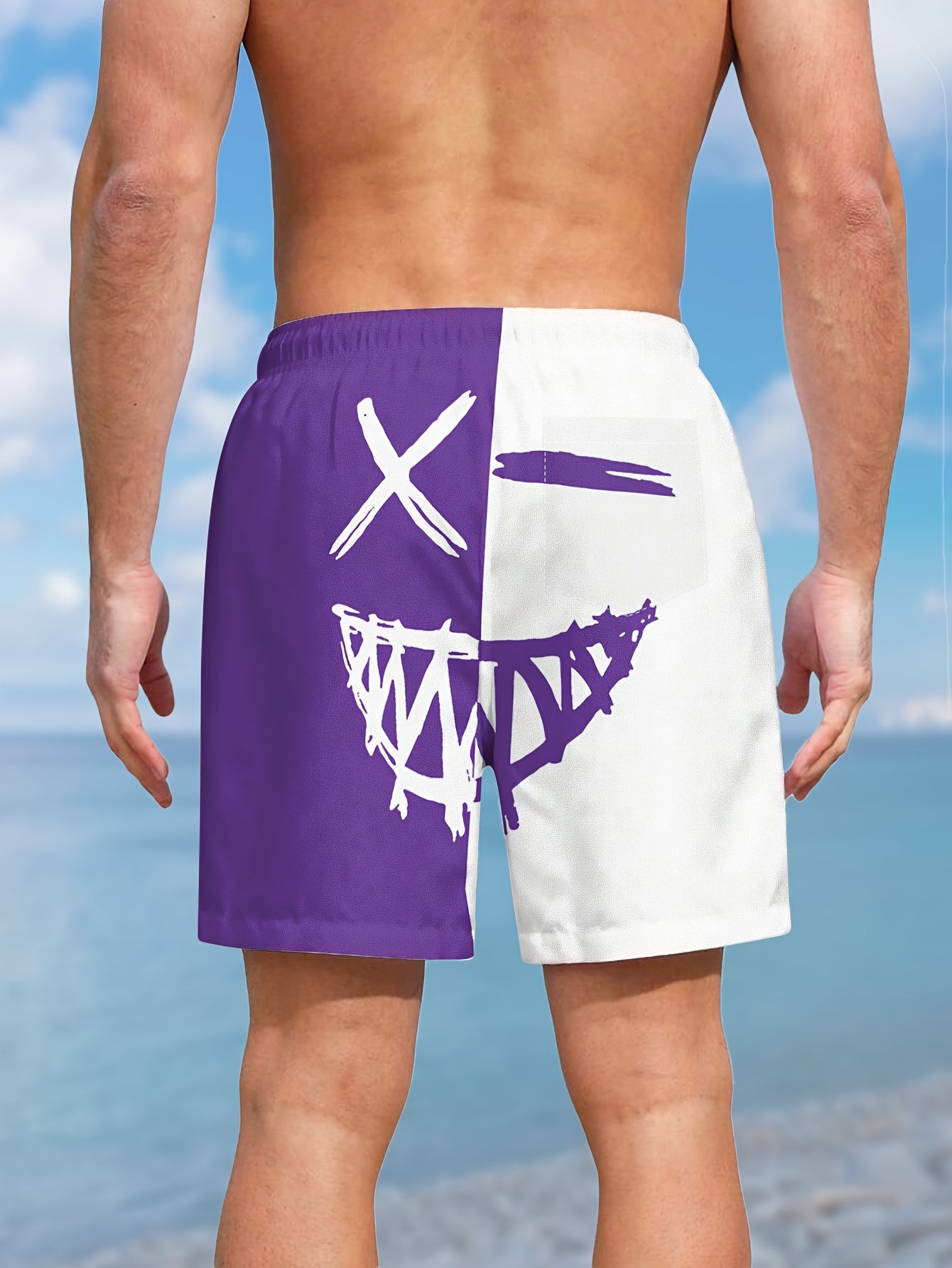 Men's Color Matching Smiling Face Graphic Print Shorts With Pockets, Casual Drawstring Shorts For Beach Summer Holiday Swimming Surfing