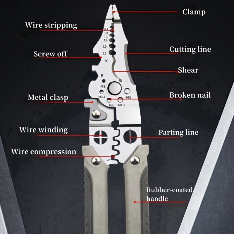 8.5" Stainless Steel Wire Cutter & Stripper Pliers - Multi-Functional, Industrial Grade for Electricians & Home Use, Ideal for Wiring, Cutting, Crimping & More