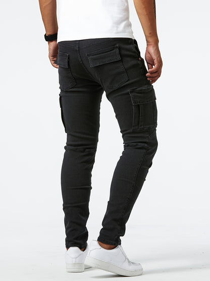 Men's Casual Multi Pocket Jeans, Chic Street Style High Stretch Cargo Denim Pants