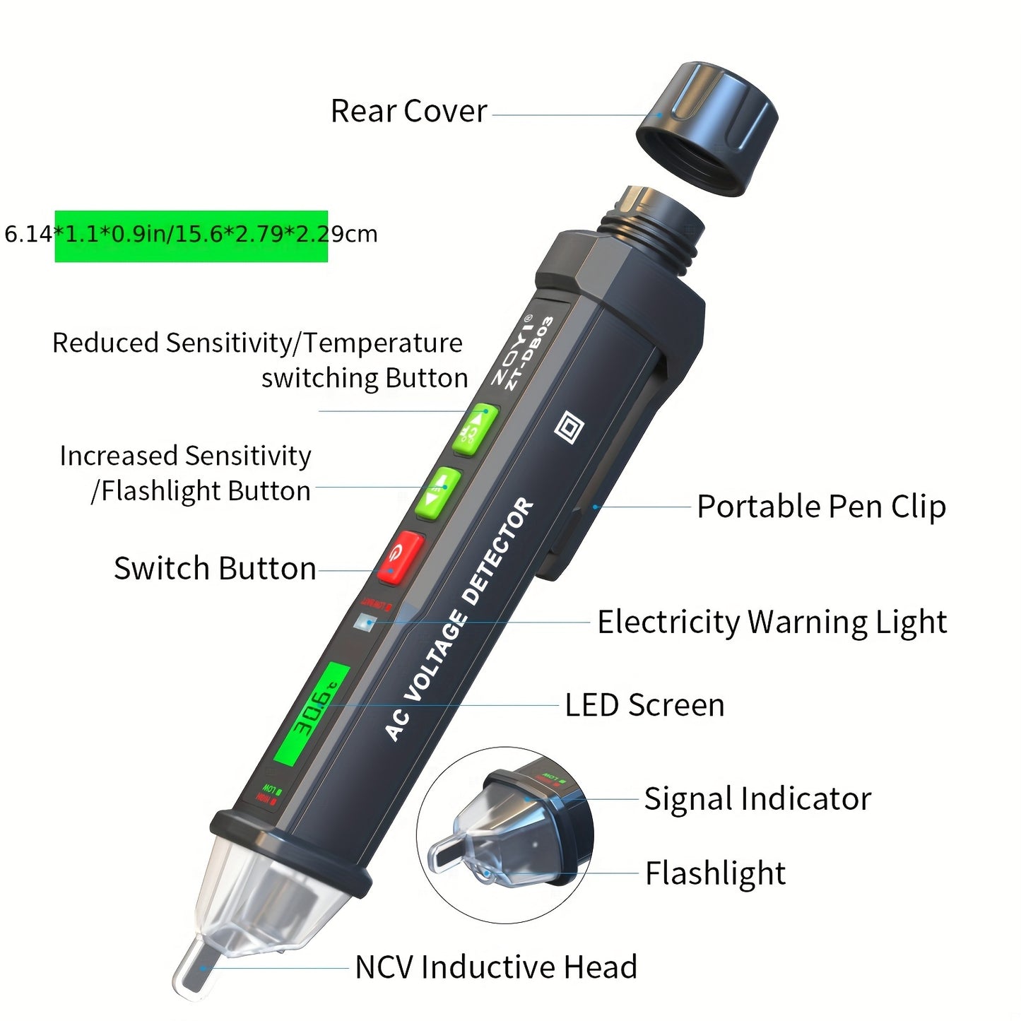 1pc Multi-Range ZOYI ZT-DB03 Voltage Tester with Non-Contact, Thermometer, Live/Empty, Electric, Torch, Break-point Detector, and Buzzer Alarm Functions