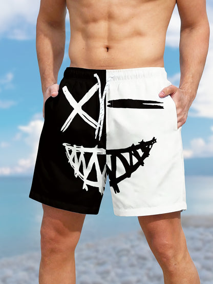 Men's Color Matching Smiling Face Graphic Print Shorts With Pockets, Casual Drawstring Shorts For Beach Summer Holiday Swimming Surfing