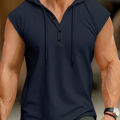 Men's Summer Sleeveless Hoodie - Breathable, Lightweight Athletic Tank Top with Button Detail, Casual Sportswear