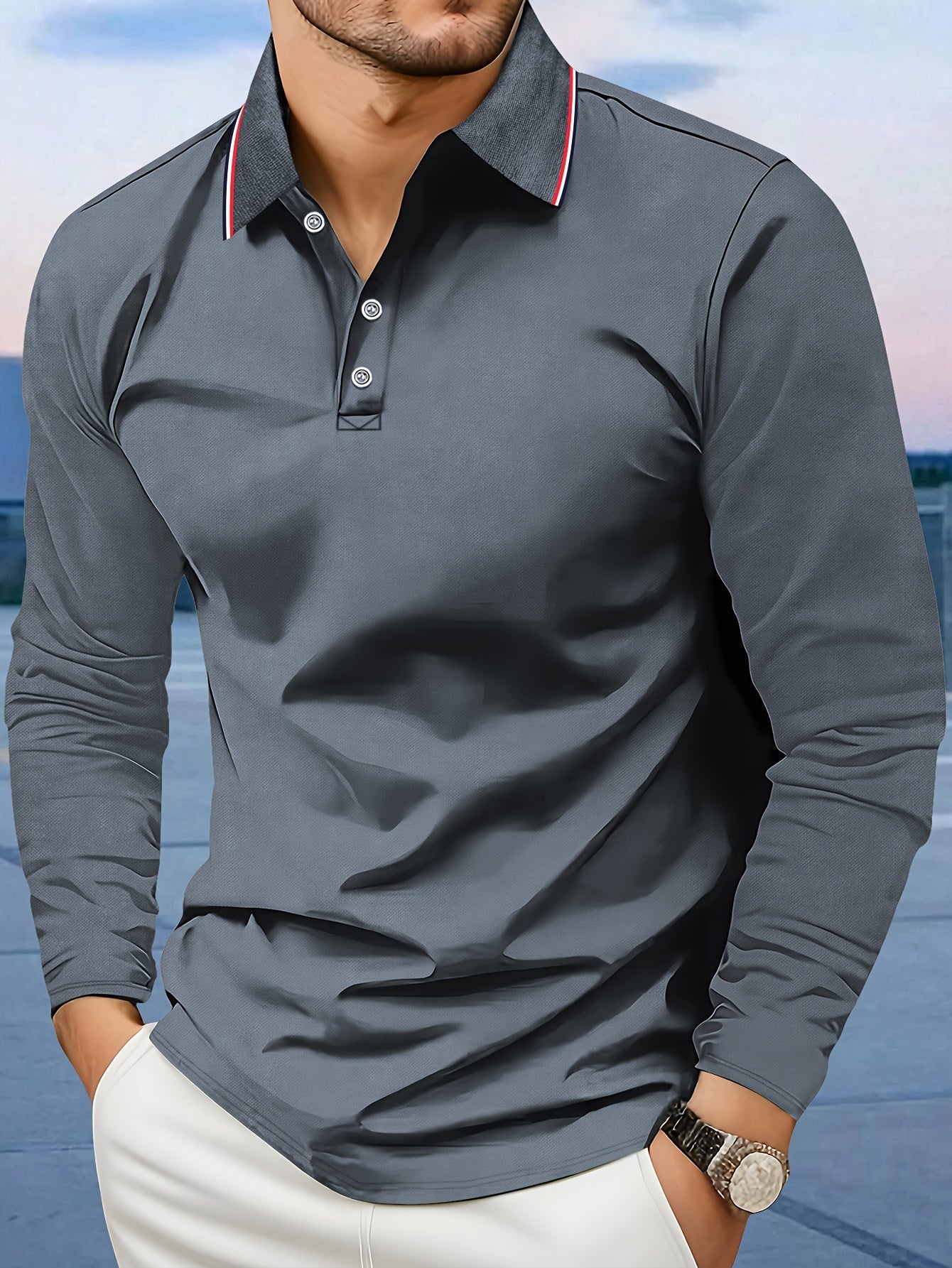 Long Sleeve Turn-Down Collar Polo Shirt for Men - Breathable Polyester Fabric, Perfect for Autumn and Winter Outdoor Activities - Comfortable and Versatile Casual Wear