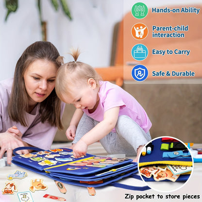 Toddler Busy Board - Educational Activity Sensory Toy for Fine Motor Skills Development, Preschool Learning Travel Toy for Plane & Car, Ideal Christmas & Halloween Gift for Boys & Girls - Blue