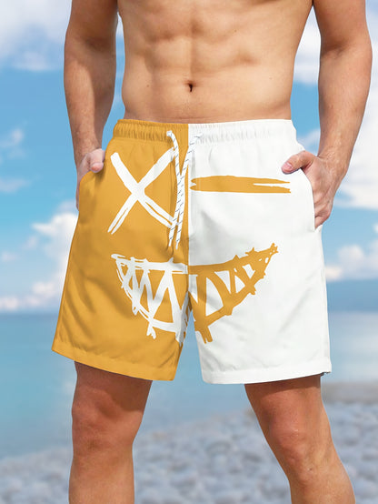 Men's Color Matching Smiling Face Graphic Print Shorts With Pockets, Casual Drawstring Shorts For Beach Summer Holiday Swimming Surfing