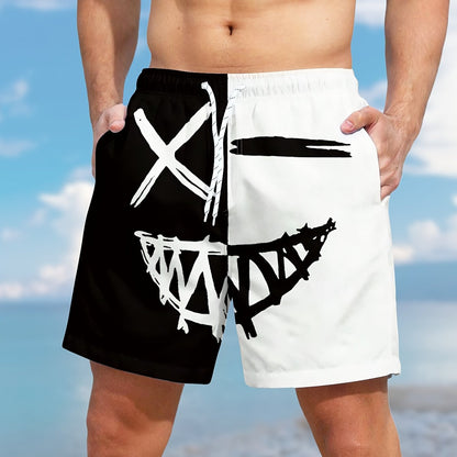 Men's Color Matching Smiling Face Graphic Print Shorts With Pockets, Casual Drawstring Shorts For Beach Summer Holiday Swimming Surfing