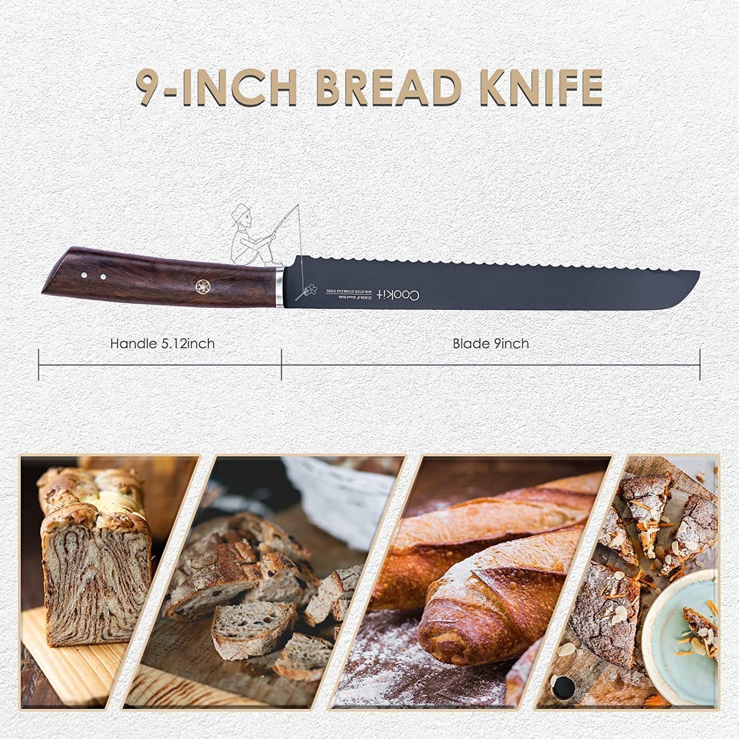 Bread Knife 9 Inch Serrated Non Stick Coating Stainless Steel With Upscale Monzo Wood Handle Bread Knife Birthday Bread Cake Knife With Gift Box