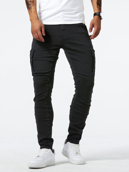 Men's Casual Multi Pocket Jeans, Chic Street Style High Stretch Cargo Denim Pants