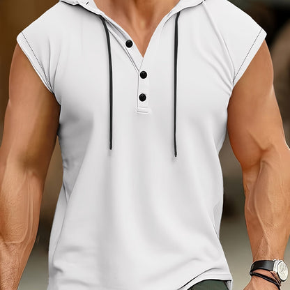 Men's Summer Sleeveless Hoodie - Breathable, Lightweight Athletic Tank Top with Button Detail, Casual Sportswear