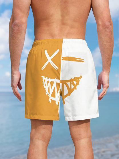 Men's Color Matching Smiling Face Graphic Print Shorts With Pockets, Casual Drawstring Shorts For Beach Summer Holiday Swimming Surfing