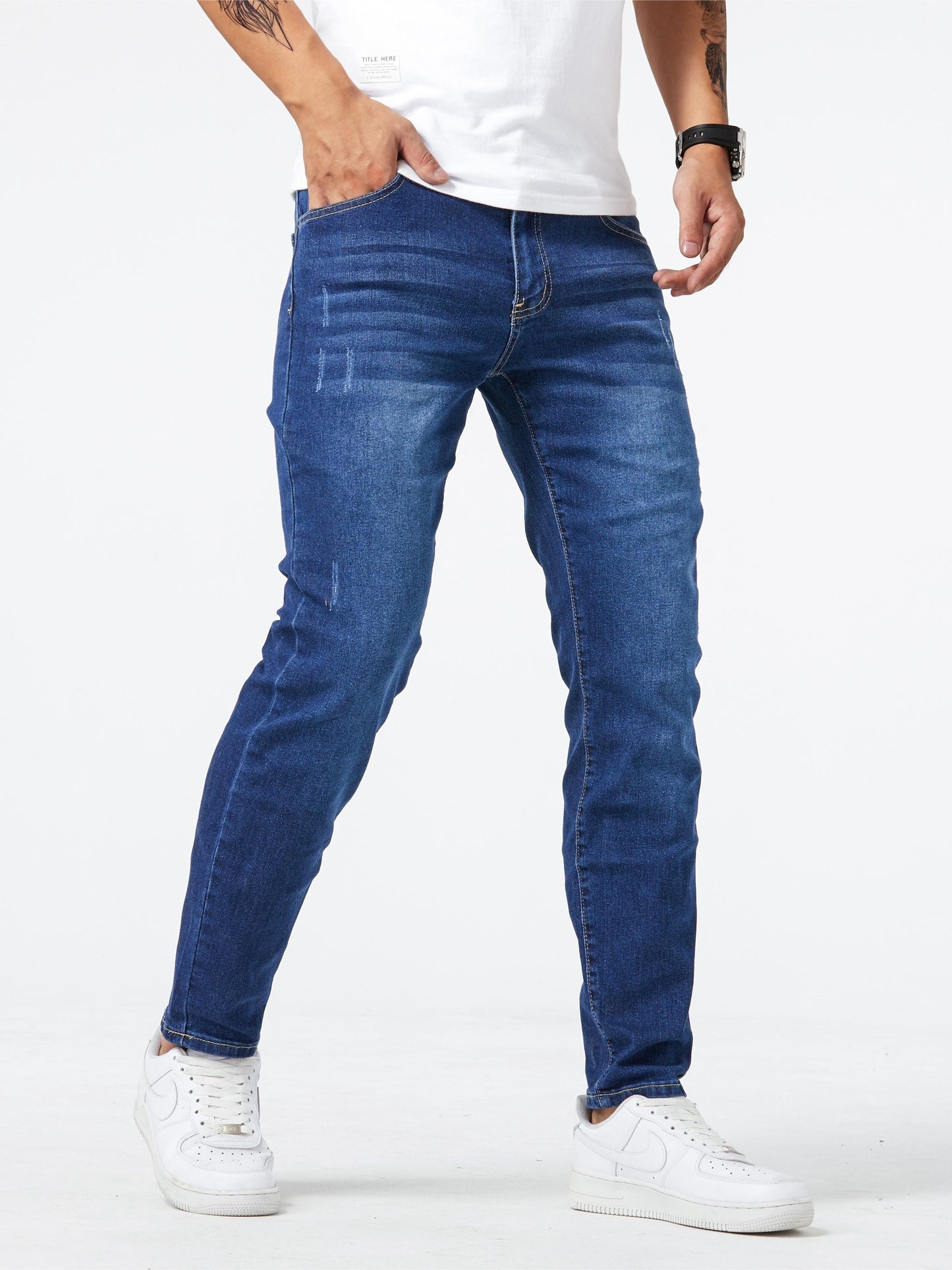 1pc Men'S Classic Slim-Fit Stretch Denim Jeans, Casual Washed Solid Color, Cotton 65.5%, Polyester 33%, Spandex 1.5%, All-Season Skinny Pants, Regular Length