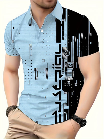 Men's Colorblock Pattern Print Short Sleeve Golf T-shirt For Summer