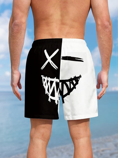 Men's Color Matching Smiling Face Graphic Print Shorts With Pockets, Casual Drawstring Shorts For Beach Summer Holiday Swimming Surfing