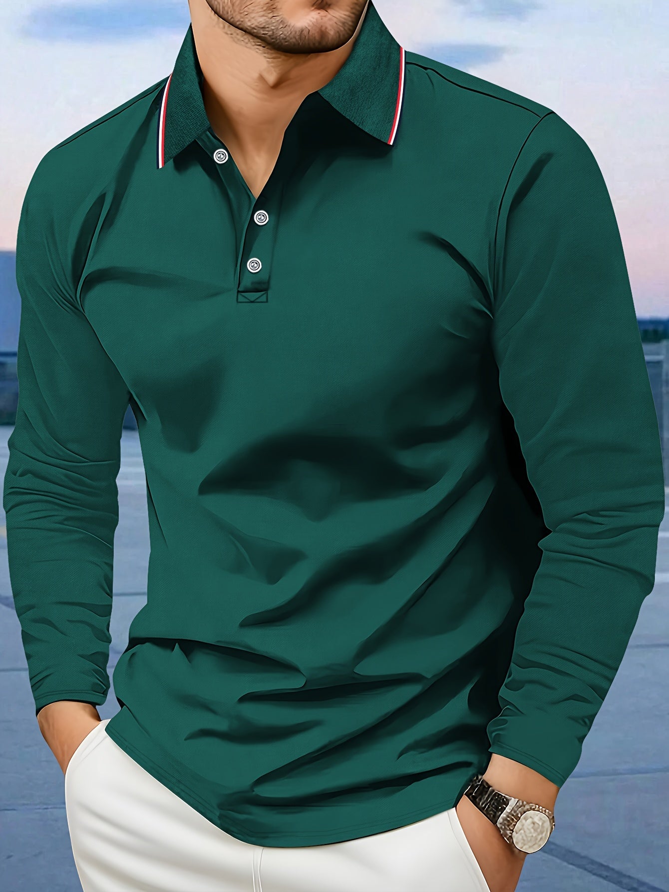 Long Sleeve Turn-Down Collar Polo Shirt for Men - Breathable Polyester Fabric, Perfect for Autumn and Winter Outdoor Activities - Comfortable and Versatile Casual Wear