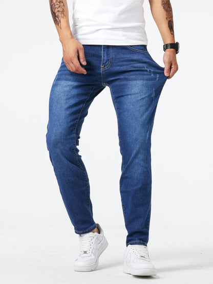 1pc Men'S Classic Slim-Fit Stretch Denim Jeans, Casual Washed Solid Color, Cotton 65.5%, Polyester 33%, Spandex 1.5%, All-Season Skinny Pants, Regular Length