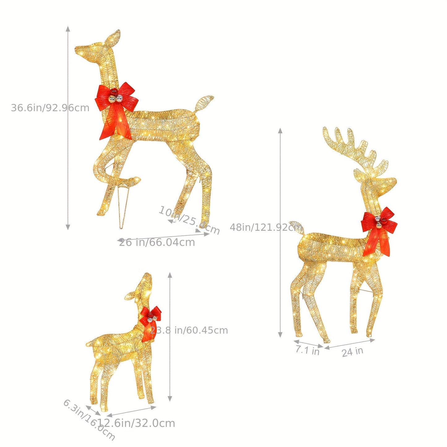 3pcs Decoration Elk Lighted Christmas Reindeer Set Outdoor Yard Decoration LED Lights, Stakes - Golden