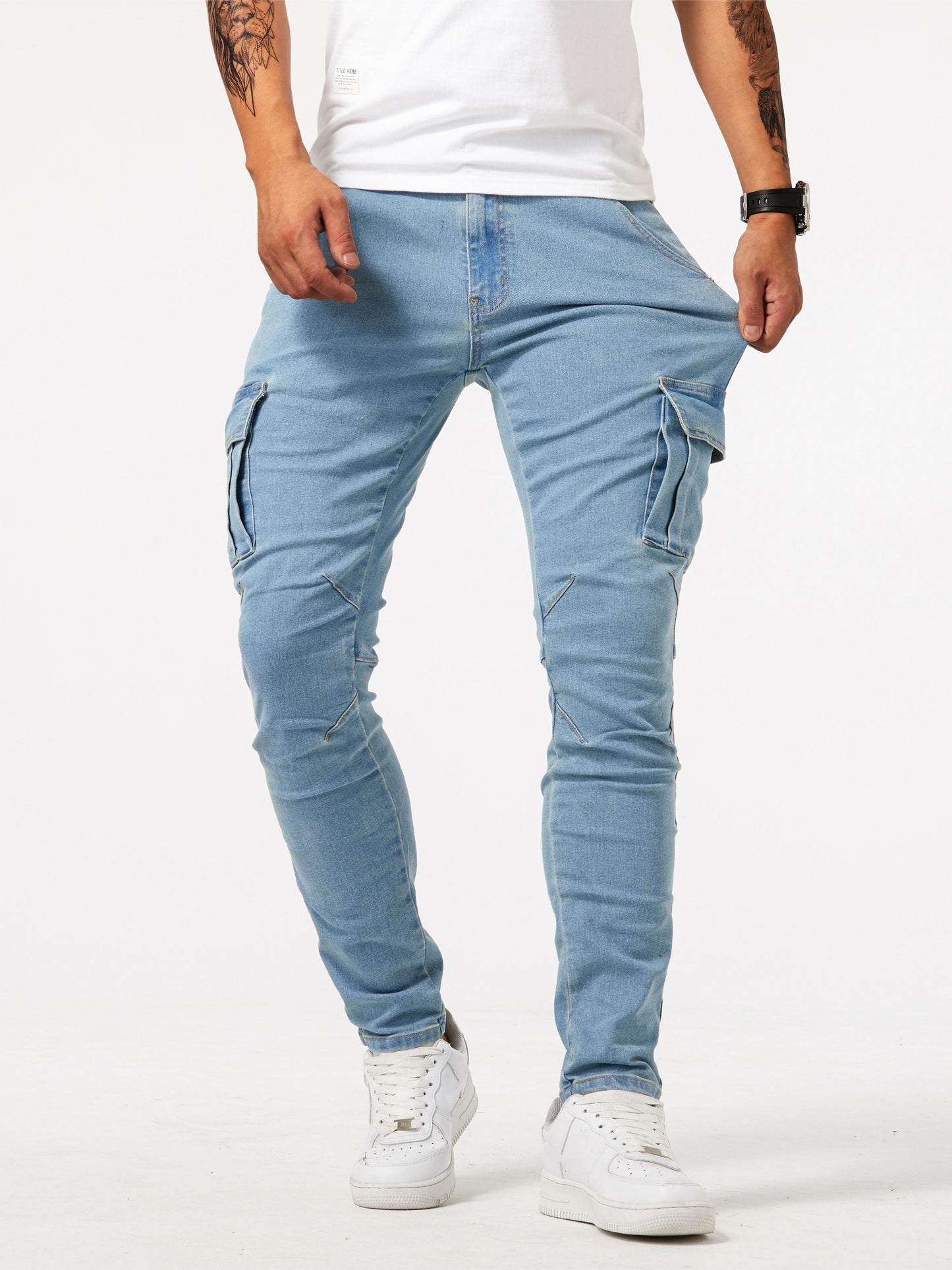 Men's Casual Multi Pocket Jeans, Chic Street Style High Stretch Cargo Denim Pants