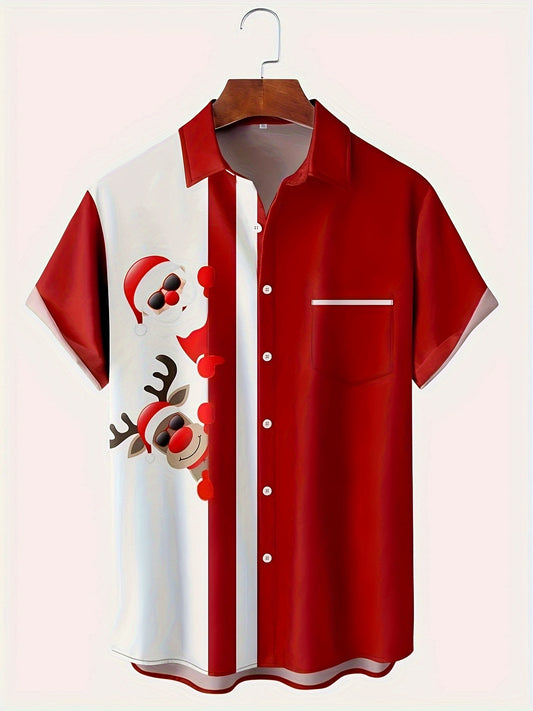 3D Digital Print Men's Short Sleeved Button Down Shirt, Christmas Santa Claus And Elk Vintage Contrast Color Design Pocket Shirt