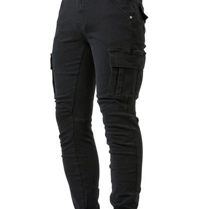 Men's Casual Multi Pocket Jeans, Chic Street Style High Stretch Cargo Denim Pants