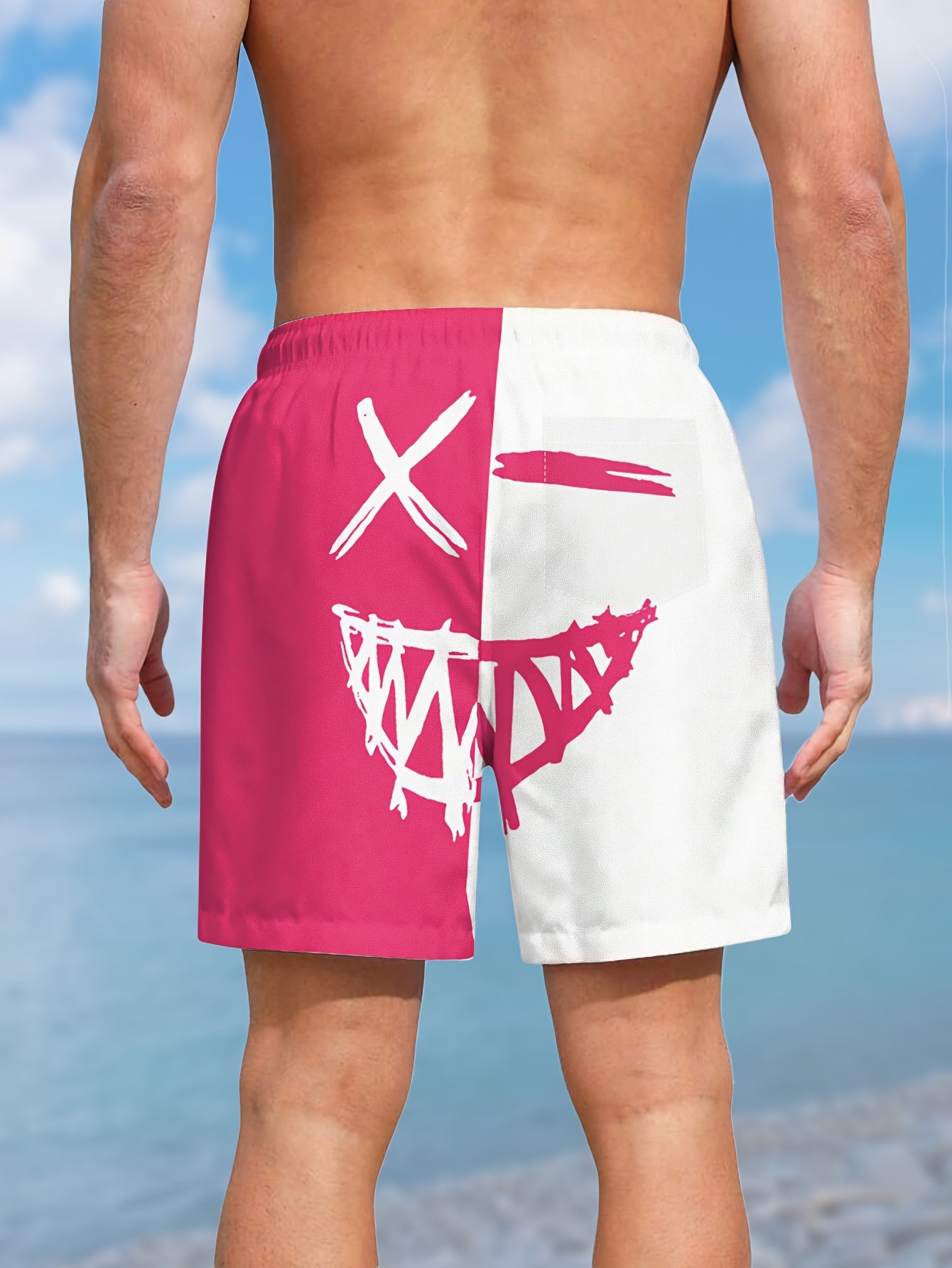 Men's Color Matching Smiling Face Graphic Print Shorts With Pockets, Casual Drawstring Shorts For Beach Summer Holiday Swimming Surfing