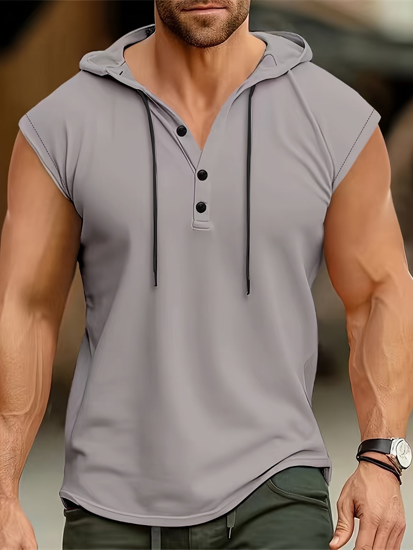 Men's Summer Sleeveless Hoodie - Breathable, Lightweight Athletic Tank Top with Button Detail, Casual Sportswear