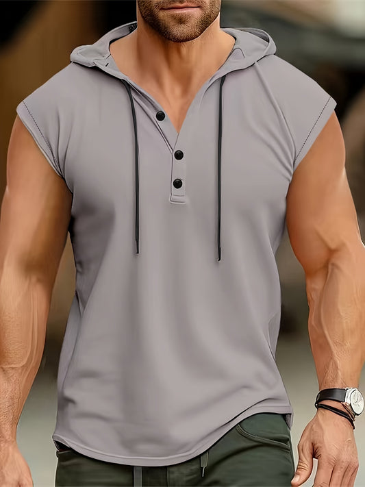 Men's Summer Sleeveless Hoodie - Breathable, Lightweight Athletic Tank Top with Button Detail, Casual Sportswear