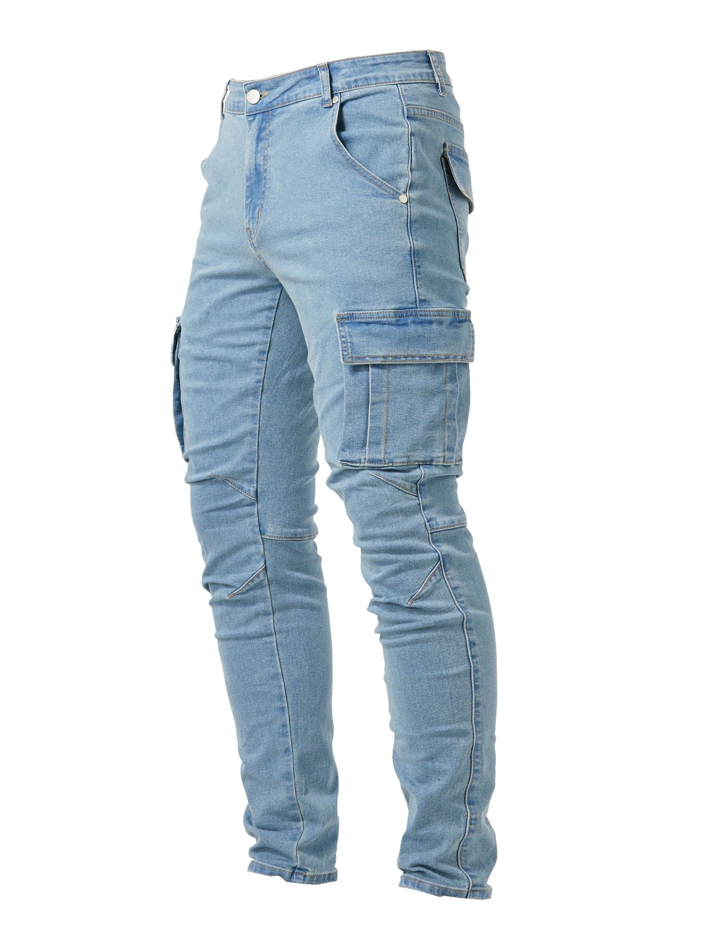 Men's Casual Multi Pocket Jeans, Chic Street Style High Stretch Cargo Denim Pants