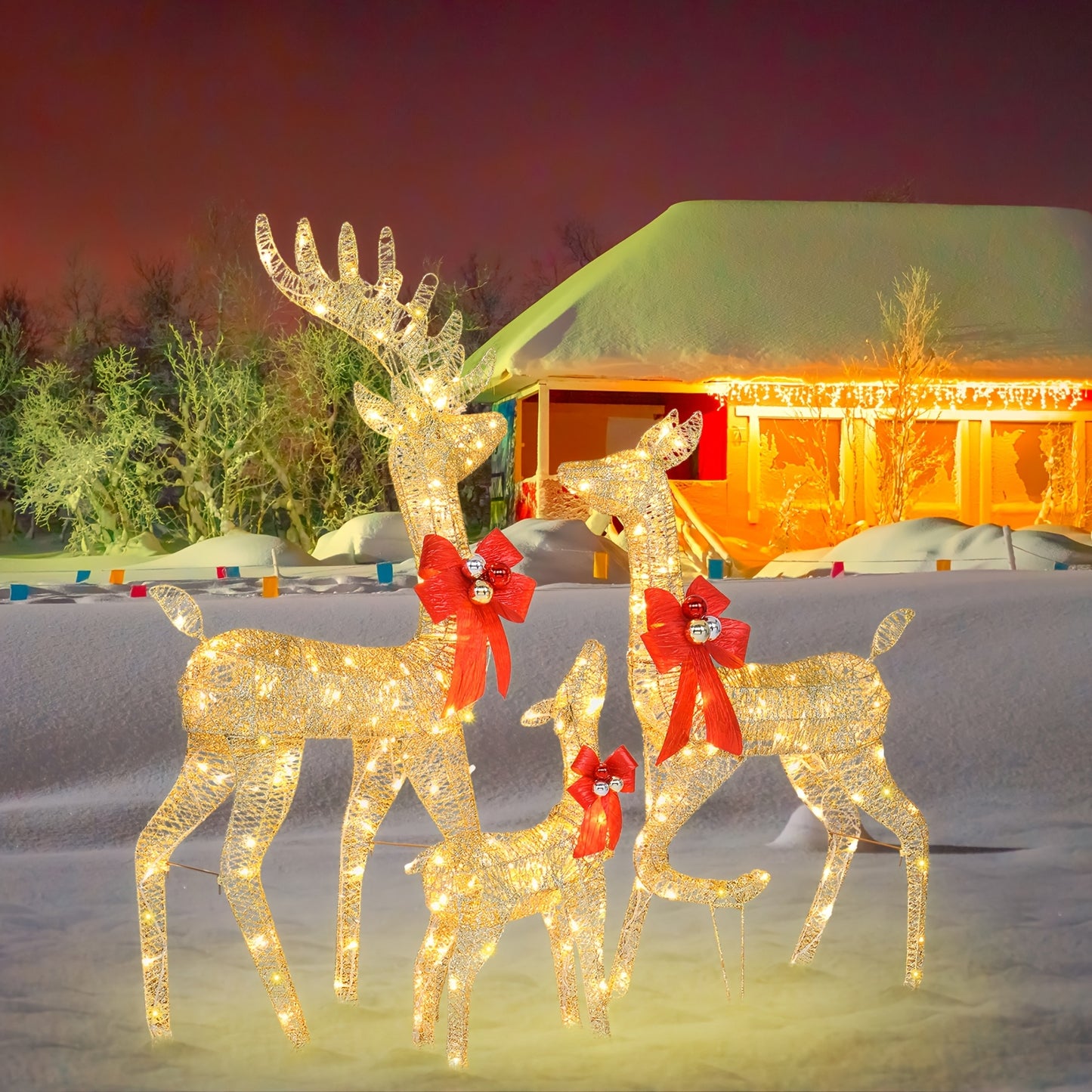 3pcs Decoration Elk Lighted Christmas Reindeer Set Outdoor Yard Decoration LED Lights, Stakes - Golden