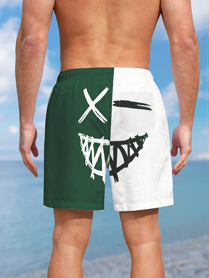 Men's Color Matching Smiling Face Graphic Print Shorts With Pockets, Casual Drawstring Shorts For Beach Summer Holiday Swimming Surfing