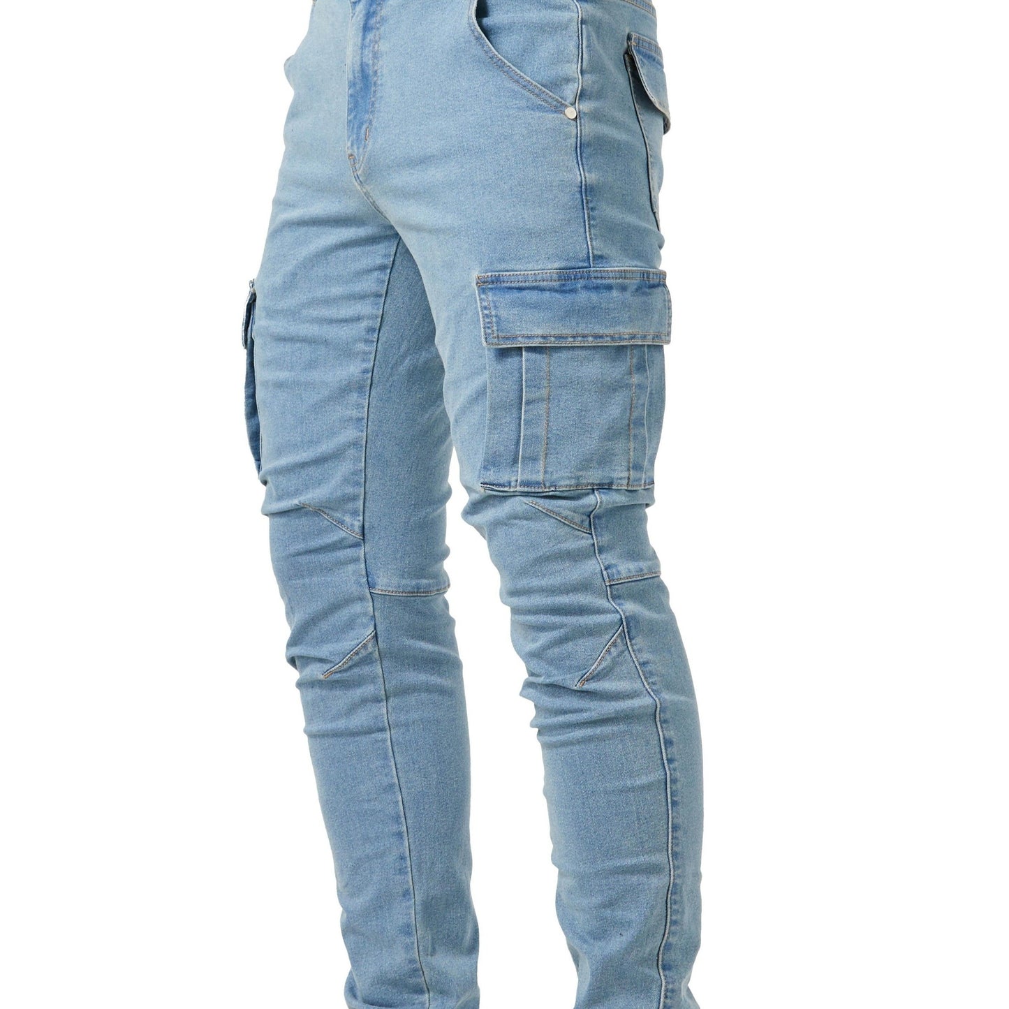 Men's Casual Multi Pocket Jeans, Chic Street Style High Stretch Cargo Denim Pants