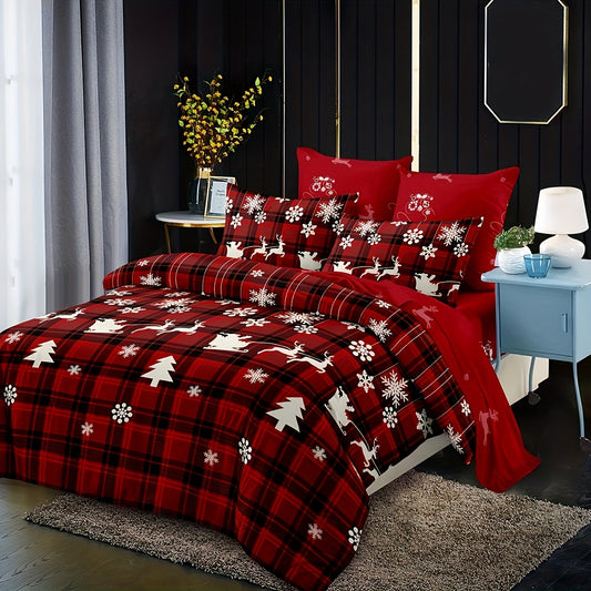 3pcs Christmas Duvet Cover Set, Checkered Xmas Tree Elk Snowflake Print Bedding Set, Soft Comfortable Duvet Cover, For Bedroom, Guest Room (1*Duvet Cover + 2*Pillowcase, Without Core)