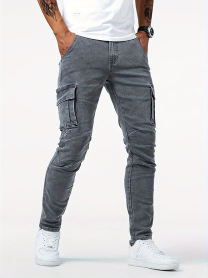 Men's Casual Multi Pocket Jeans, Chic Street Style High Stretch Cargo Denim Pants