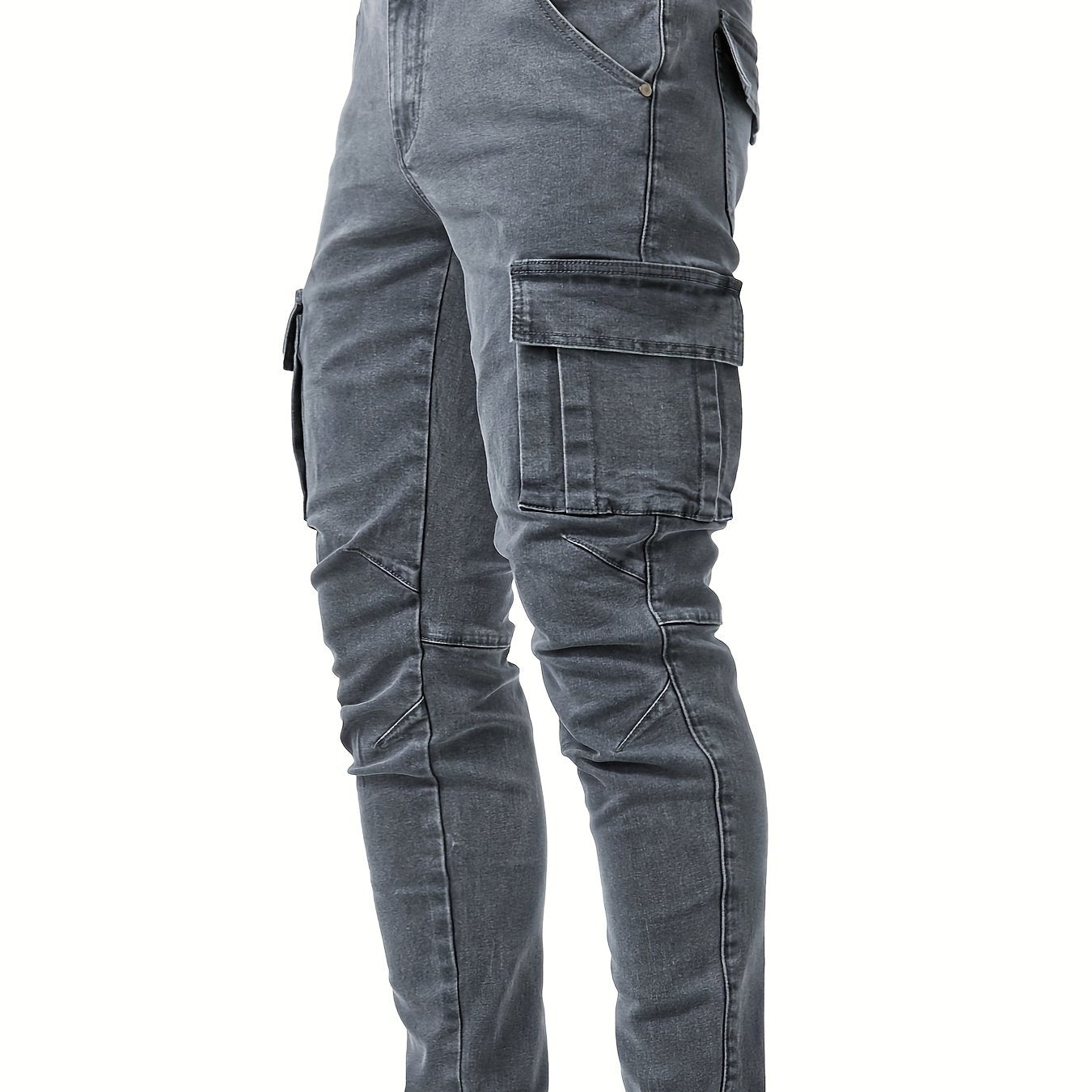 Men's Casual Multi Pocket Jeans, Chic Street Style High Stretch Cargo Denim Pants