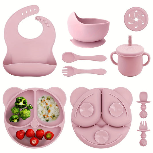 10-Piece BPA-Free Silicone Toddler Feeding Set, Pink Animal Print, Includes Suction Cup Dividers, Spoon, Fork, Straw Cup, Bib, Microwave & Oven Safe Baby Led Weaning Supplies