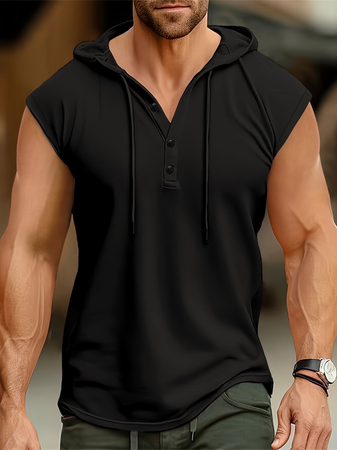 Men's Summer Sleeveless Hoodie - Breathable, Lightweight Athletic Tank Top with Button Detail, Casual Sportswear