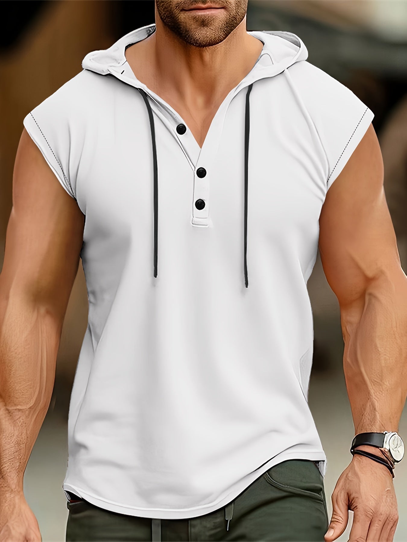 Men's Summer Sleeveless Hoodie - Breathable, Lightweight Athletic Tank Top with Button Detail, Casual Sportswear