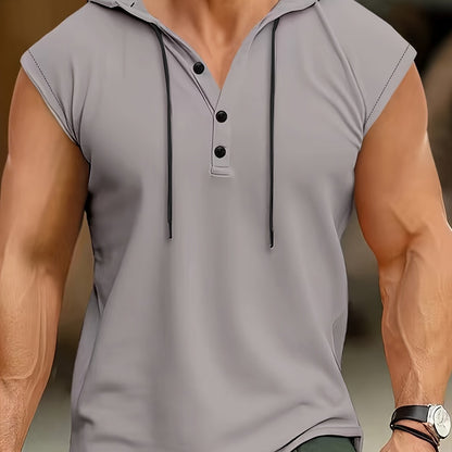 Men's Summer Sleeveless Hoodie - Breathable, Lightweight Athletic Tank Top with Button Detail, Casual Sportswear